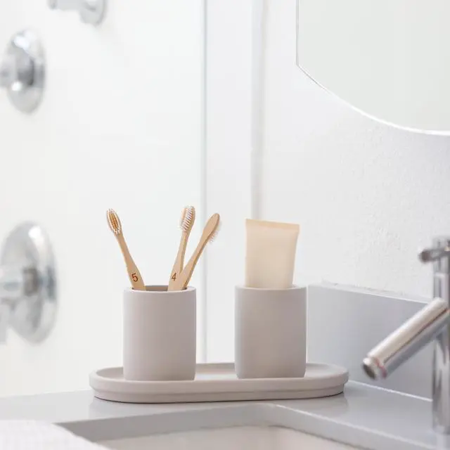 Alt view image 4 of 7 - Drying Stone Toothbrush Holder, Diatomite Toothbrush Holders for Bathroom, Quick Drying Electric Toothbrush & Toothpaste Holder Cup, Diatomaceous Earth Bathroom Sink Organizer (Light Grey)