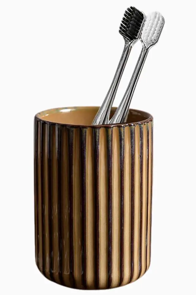 Main image of Ceramic Toothbrush Holder for Bathroom, Ceramic Toothbrush Cup, Toothpaste Organizer for Bathroom Countertop, Bathroom Storage Organizer, Kiln Transformation Cup (Brown)