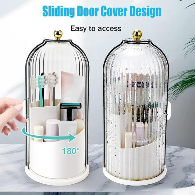 Alt view image 3 of 6 - Concealed Toothbrush Holder, Rotating Bathroom Organizer Countertop, Toothbrush Holders with Cover, Bathroom Counter Organizer with Covered Makeup Brush Holder (1pcs Green)
