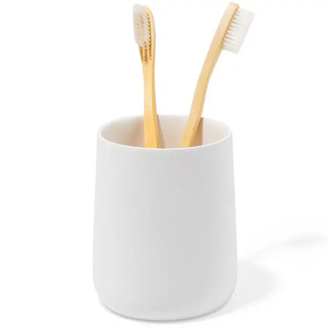 Main image of Matte White Toothbrush and Toothpaste Holder and Cup for Bathroom Vanity and Countertop, Round Organizer for Electric Toothbrushes, Floss, Razors, Cotton, and Mouthwash