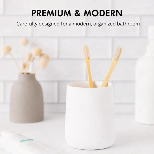 Alt view image 4 of 7 - Matte White Toothbrush and Toothpaste Holder and Cup for Bathroom Vanity and Countertop, Round Organizer for Electric Toothbrushes, Floss, Razors, Cotton, and Mouthwash