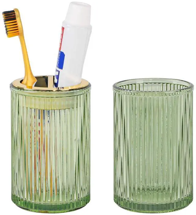 Main image of Toothbrush Holders for Bathrooms, 2pcs Glass Toothbrush Holder, 12oz Bathroom Tumbler and Mouthwash Cup, Tooth Brush and Toothpaste Organizer for Bathroom Vanity Countertop (Green Gold)