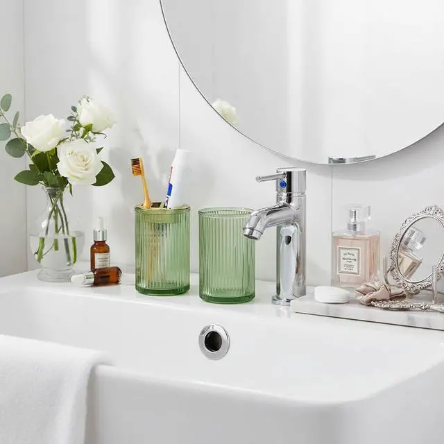 Alt view image 2 of 7 - Toothbrush Holders for Bathrooms, 2pcs Glass Toothbrush Holder, 12oz Bathroom Tumbler and Mouthwash Cup, Tooth Brush and Toothpaste Organizer for Bathroom Vanity Countertop (Green Gold)