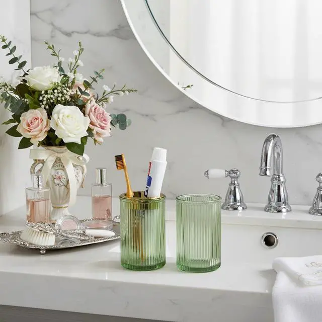 Alt view image 3 of 7 - Toothbrush Holders for Bathrooms, 2pcs Glass Toothbrush Holder, 12oz Bathroom Tumbler and Mouthwash Cup, Tooth Brush and Toothpaste Organizer for Bathroom Vanity Countertop (Green Gold)