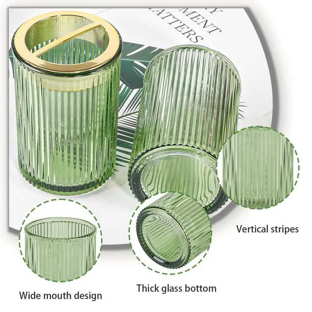 Alt view image 4 of 7 - Toothbrush Holders for Bathrooms, 2pcs Glass Toothbrush Holder, 12oz Bathroom Tumbler and Mouthwash Cup, Tooth Brush and Toothpaste Organizer for Bathroom Vanity Countertop (Green Gold)