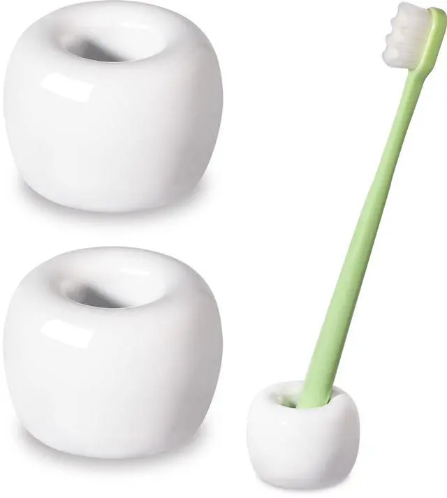 Main image of Travel-Friendly Mini Ceramics Toothbrush Holders for Bathroom Decor Vanity Countertops, Space Saver, White, 2 Pack