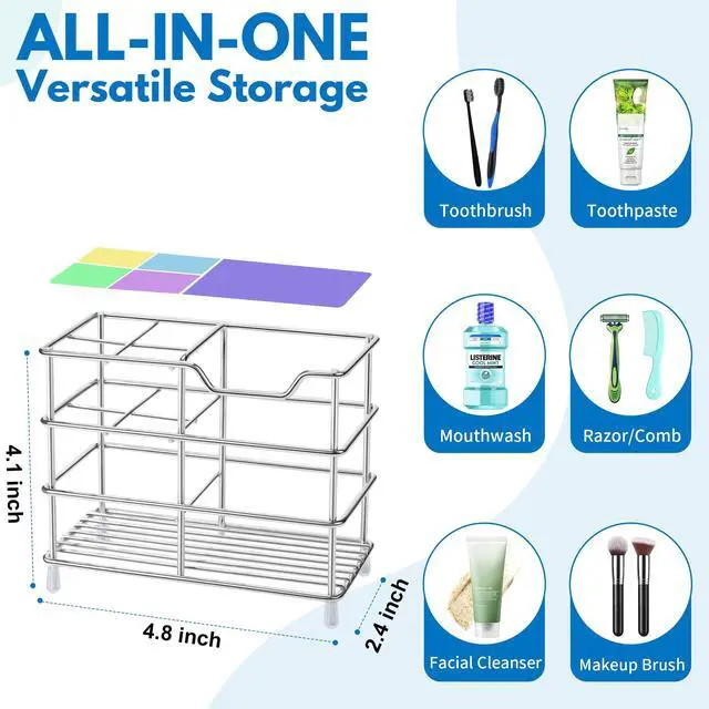 Alt view image 2 of 6 - 304 Stainless Steel Bathroom Toothbrush Holder Toothpaste Holder Stand Bathroom Accessories Organizer, Silver
