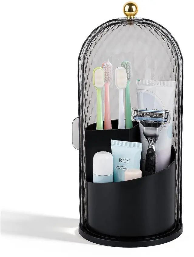 Main image of Toothbrush Holder with Cover for Bathroom Countertop, Rotating Organizer for Electric Tooth Brush and Toothpaste, 3-Slot Makeup Brush Storage, Self-Draining Vanity Counter Organizer, Black