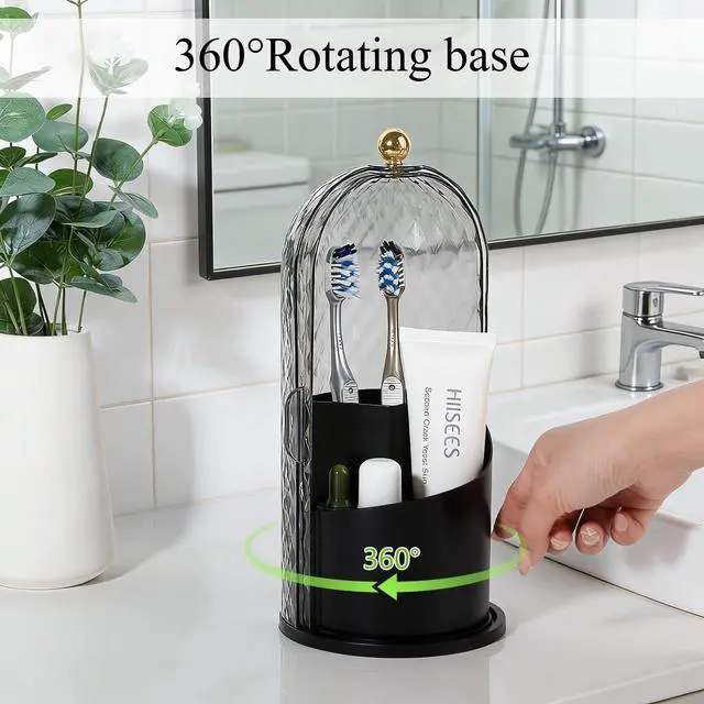 Alt view image 3 of 7 - Toothbrush Holder with Cover for Bathroom Countertop, Rotating Organizer for Electric Tooth Brush and Toothpaste, 3-Slot Makeup Brush Storage, Self-Draining Vanity Counter Organizer, Black
