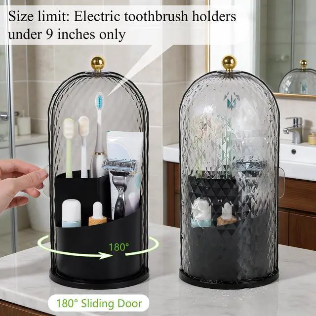 Alt view image 4 of 7 - Toothbrush Holder with Cover for Bathroom Countertop, Rotating Organizer for Electric Tooth Brush and Toothpaste, 3-Slot Makeup Brush Storage, Self-Draining Vanity Counter Organizer, Black