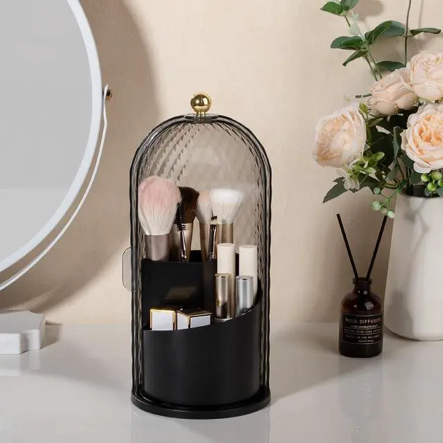Alt view image 7 of 7 - Toothbrush Holder with Cover for Bathroom Countertop, Rotating Organizer for Electric Tooth Brush and Toothpaste, 3-Slot Makeup Brush Storage, Self-Draining Vanity Counter Organizer, Black