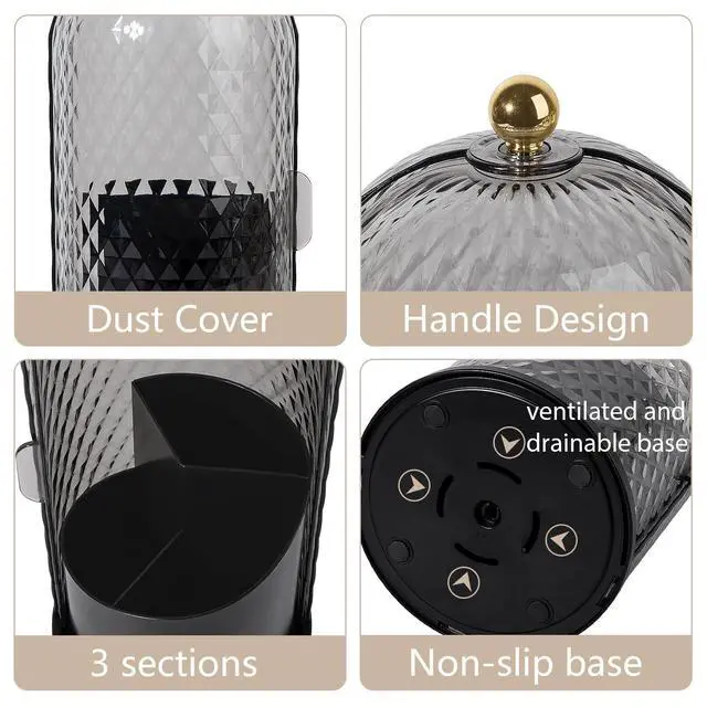 Alt view image 5 of 7 - Toothbrush Holder with Cover for Bathroom Countertop, Rotating Organizer for Electric Tooth Brush and Toothpaste, 3-Slot Makeup Brush Storage, Self-Draining Vanity Counter Organizer, Black