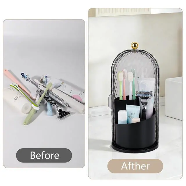 Alt view image 6 of 7 - Toothbrush Holder with Cover for Bathroom Countertop, Rotating Organizer for Electric Tooth Brush and Toothpaste, 3-Slot Makeup Brush Storage, Self-Draining Vanity Counter Organizer, Black