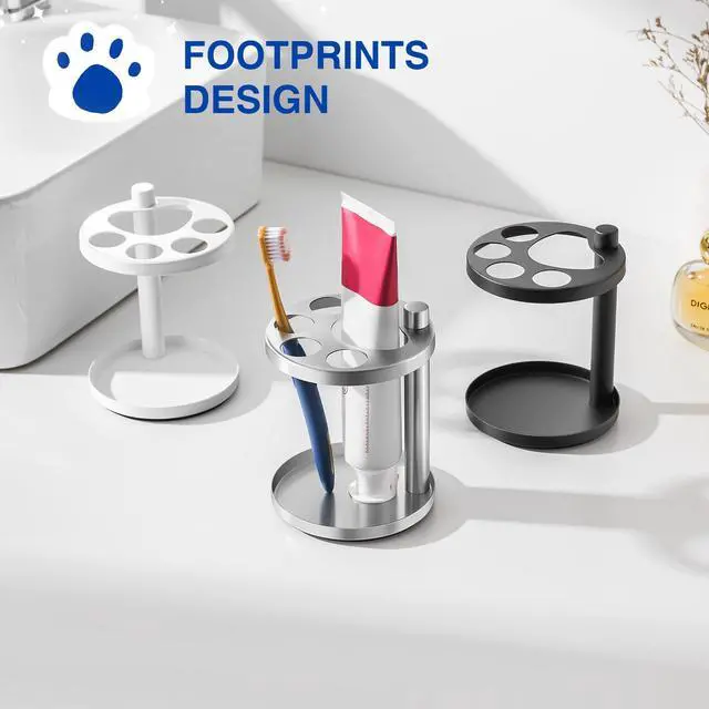 Alt view image 3 of 7 - Stainless Toothbrush Holder Stand for Bathroom: Stainless Steel Ventilated Organizer with Slots for Electric Toothbrushes, Toothpaste, Razors & Small Comb, Unique Footprint Base Design, Brushed Silver