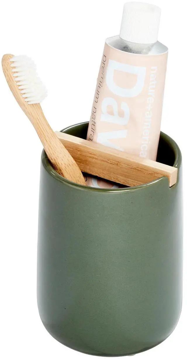 Main image of Ceramic Earth Collection Toothbrush Holder, Moss/Natural Wood