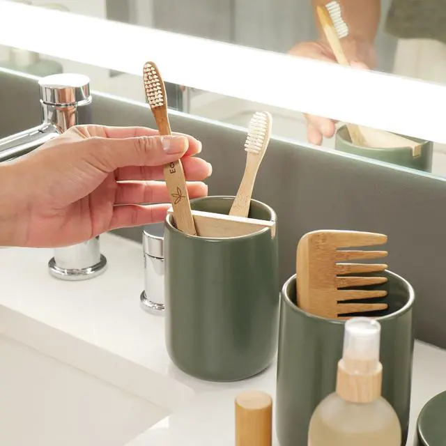 Alt view image 7 of 7 - Ceramic Earth Collection Toothbrush Holder, Moss/Natural Wood