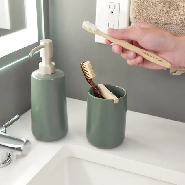 Alt view image 6 of 7 - Ceramic Earth Collection Toothbrush Holder, Moss/Natural Wood