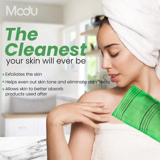 Alt view image 6 of 6 - Korean Exfoliating Mitts Large 4PCS (Green, Yellow, Sky Blue, Pink) Exfoliating Gloves Body Scrubber Italy Towel Washcloth for Korean Spa at Home, Dead Skin Remover, 100% Vegan Viscose