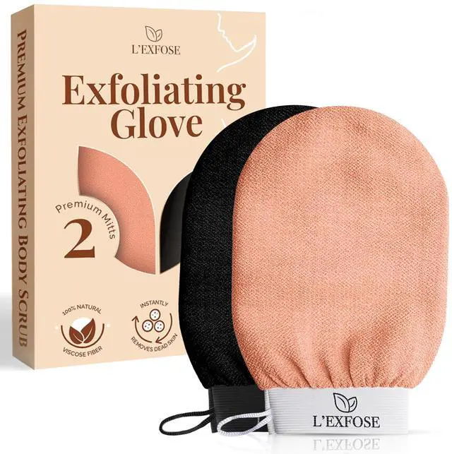 Main image of Kessa Hammam Deep Exfoliating Glove 2pc - Korean Exfoliating Mitt for Shower Ideal for Dead Skin Remover, Keratosis Pilaris & Self-Tanning to Improve Skin Tone Made with 100% Natural Viscose