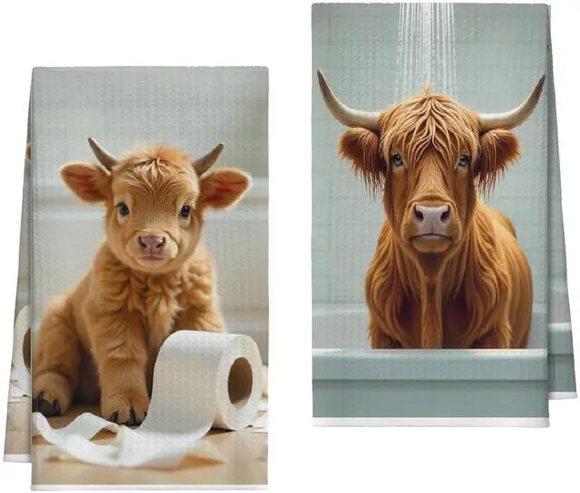 Main image of Bath Towels Set of 2, Cute Highland Cattle Dish Towel for Bathroom Spa Washroom, Western Cow Fast Drying Decorative Hand Towels, Farmhouse Housewarming Xmas Gifts for Women Mom -B21