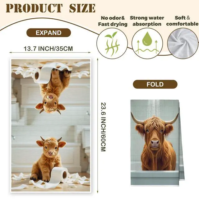 Alt view image 2 of 6 - Bath Towels Set of 2, Cute Highland Cattle Dish Towel for Bathroom Spa Washroom, Western Cow Fast Drying Decorative Hand Towels, Farmhouse Housewarming Xmas Gifts for Women Mom -B21