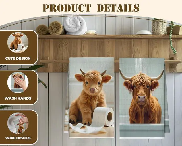 Alt view image 3 of 6 - Bath Towels Set of 2, Cute Highland Cattle Dish Towel for Bathroom Spa Washroom, Western Cow Fast Drying Decorative Hand Towels, Farmhouse Housewarming Xmas Gifts for Women Mom -B21