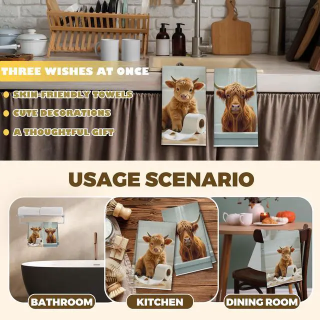 Alt view image 4 of 6 - Bath Towels Set of 2, Cute Highland Cattle Dish Towel for Bathroom Spa Washroom, Western Cow Fast Drying Decorative Hand Towels, Farmhouse Housewarming Xmas Gifts for Women Mom -B21