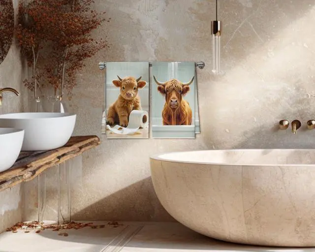 Alt view image 6 of 6 - Bath Towels Set of 2, Cute Highland Cattle Dish Towel for Bathroom Spa Washroom, Western Cow Fast Drying Decorative Hand Towels, Farmhouse Housewarming Xmas Gifts for Women Mom -B21