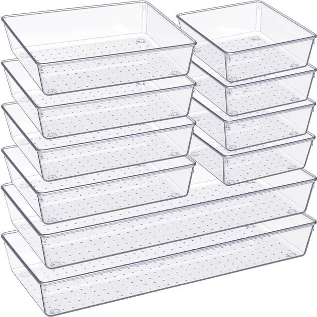 Main image of Drawer Organizer, 10 Pack Large Clear Plastic Set, 3 Size Versatile Bathroom and Vanity Organizer Trays, Storage Bins for Makeup, Bedroom, Kitchen Utensils