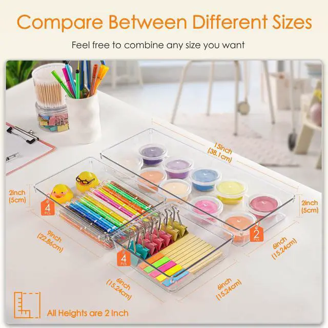Alt view image 2 of 6 - Drawer Organizer, 10 Pack Large Clear Plastic Set, 3 Size Versatile Bathroom and Vanity Organizer Trays, Storage Bins for Makeup, Bedroom, Kitchen Utensils