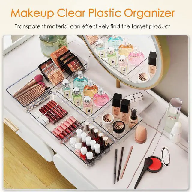 Alt view image 4 of 6 - Drawer Organizer, 10 Pack Large Clear Plastic Set, 3 Size Versatile Bathroom and Vanity Organizer Trays, Storage Bins for Makeup, Bedroom, Kitchen Utensils