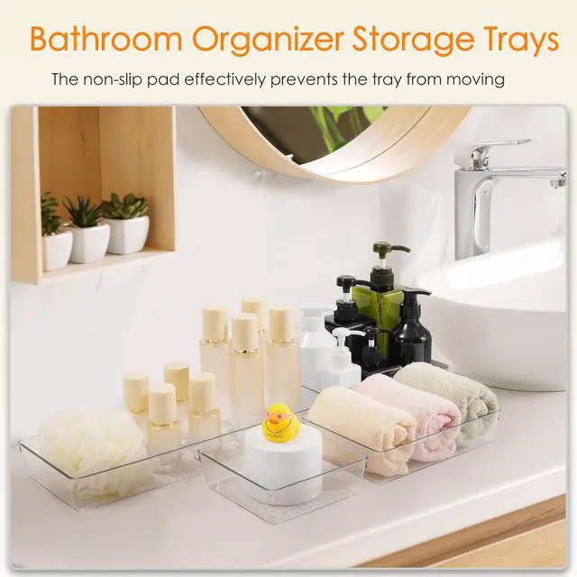 Alt view image 5 of 6 - Drawer Organizer, 10 Pack Large Clear Plastic Set, 3 Size Versatile Bathroom and Vanity Organizer Trays, Storage Bins for Makeup, Bedroom, Kitchen Utensils