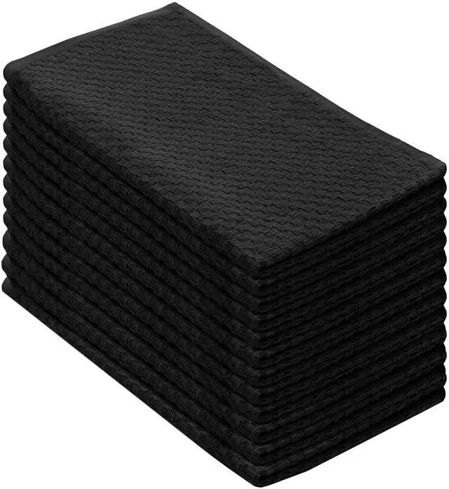 Main image of Amazing Kitchen Towels - Set of 12 Terry Towels - 100% Cotton Euro Café Waffle Weave Dish Towel Set - Soft Absorbent Quick Dry Low Lint Reusable Pantry Bar Cleaning Cloth - 16x28 - Black