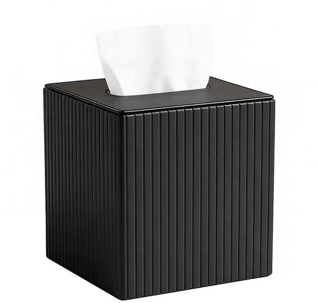 Main image of Luxury Square Tissue Box Holder Decorative Organizer for Bathroom Vanity Countertop, Night Stands Bedroom Office DeskLeather Tissue Box Cover with Magnetic Closure (Black Vertical Stripes)