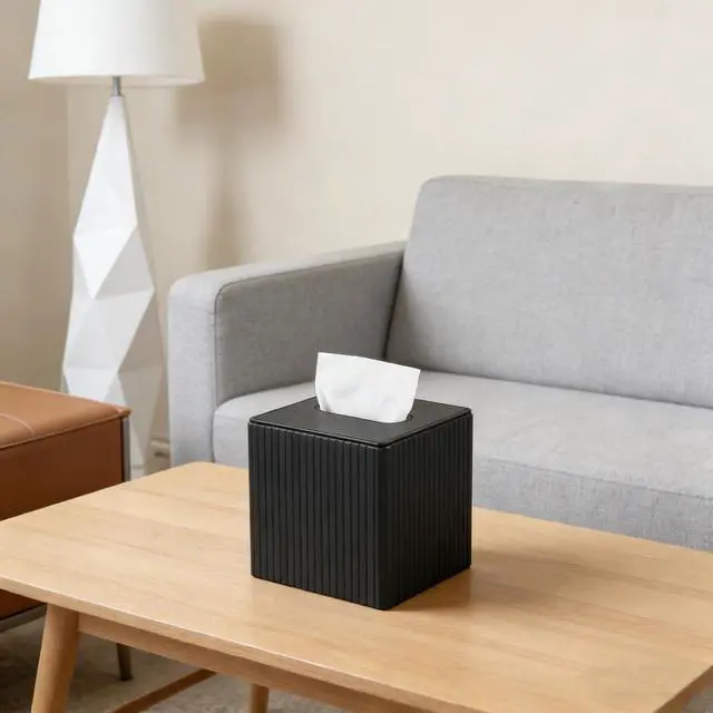 Alt view image 6 of 7 - Luxury Square Tissue Box Holder Decorative Organizer for Bathroom Vanity Countertop, Night Stands Bedroom Office DeskLeather Tissue Box Cover with Magnetic Closure (Black Vertical Stripes)