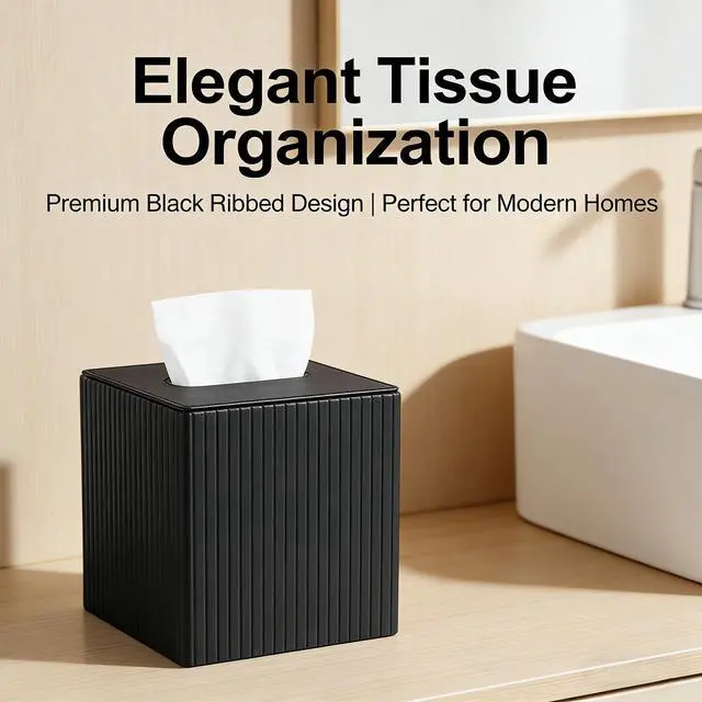Alt view image 7 of 7 - Luxury Square Tissue Box Holder Decorative Organizer for Bathroom Vanity Countertop, Night Stands Bedroom Office DeskLeather Tissue Box Cover with Magnetic Closure (Black Vertical Stripes)