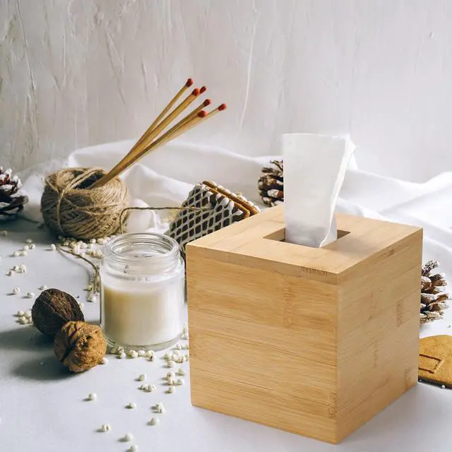 Alt view image 6 of 7 - Bamboo Tissue Box Cover, Square Wood Tissue Box Holder, Wooden Facial Paper Holder for Bathroom, Bedroom, Dinner Table, Office (Square - 1 Pack)