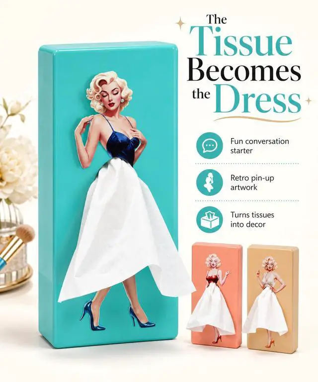 Alt view image 3 of 7 - Lady Skirt Tissue Box Cover, Decorative ABS Rectangle Tissue Holder for Facial Tissues, Fun Vintage Pop Art Bathroom Decor, Cute Tissue Dispenser Gift for Vanity, Nightstand, Office Desk