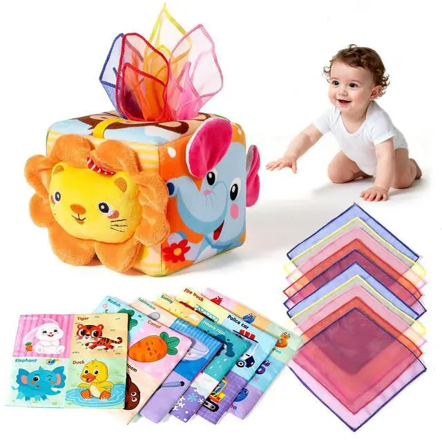 Main image of Baby Tissue Box Toy - Montessori Sensory Toys for 6-12 Months Infant, Baby Toys 6 7 8 9 Month - 1 Year Old with 6 Crinkle Tissues & 10 Scarves, Developmental Tissue Pulling Toy Boy Girl Birthday Gift