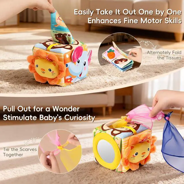 Alt view image 2 of 7 - Baby Tissue Box Toy - Montessori Sensory Toys for 6-12 Months Infant, Baby Toys 6 7 8 9 Month - 1 Year Old with 6 Crinkle Tissues & 10 Scarves, Developmental Tissue Pulling Toy Boy Girl Birthday Gift