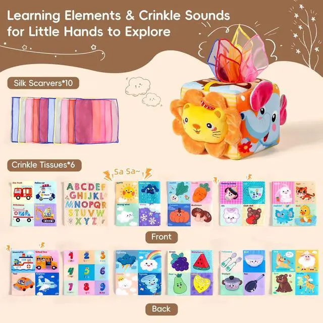 Alt view image 4 of 7 - Baby Tissue Box Toy - Montessori Sensory Toys for 6-12 Months Infant, Baby Toys 6 7 8 9 Month - 1 Year Old with 6 Crinkle Tissues & 10 Scarves, Developmental Tissue Pulling Toy Boy Girl Birthday Gift