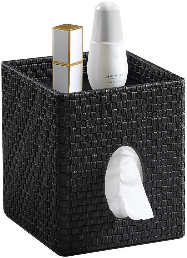 Main image of Square Tissue Box Cover, Stylish Leather Tissue Box Holder with Storage Tray, Decorative Tissue Rack Storage Box for Living Room, Bedroom, and Office Desk(Black Woven Pattern)