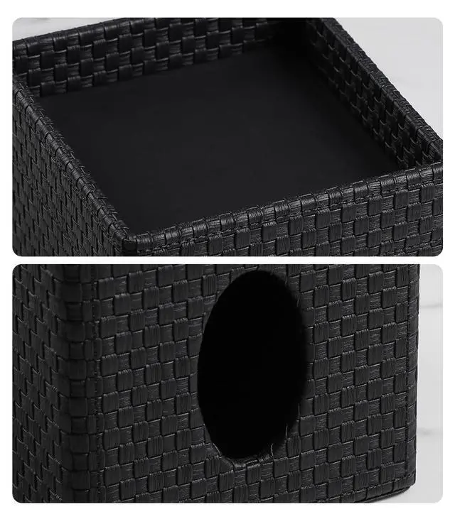 Alt view image 4 of 7 - Square Tissue Box Cover, Stylish Leather Tissue Box Holder with Storage Tray, Decorative Tissue Rack Storage Box for Living Room, Bedroom, and Office Desk(Black Woven Pattern)