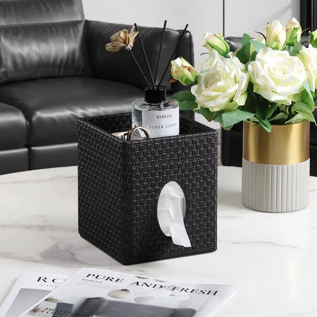 Alt view image 5 of 7 - Square Tissue Box Cover, Stylish Leather Tissue Box Holder with Storage Tray, Decorative Tissue Rack Storage Box for Living Room, Bedroom, and Office Desk(Black Woven Pattern)