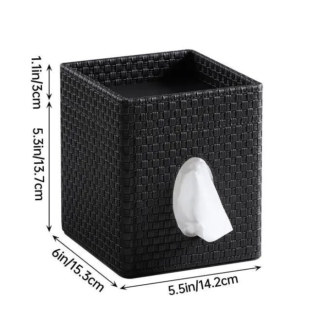 Alt view image 2 of 7 - Square Tissue Box Cover, Stylish Leather Tissue Box Holder with Storage Tray, Decorative Tissue Rack Storage Box for Living Room, Bedroom, and Office Desk(Black Woven Pattern)