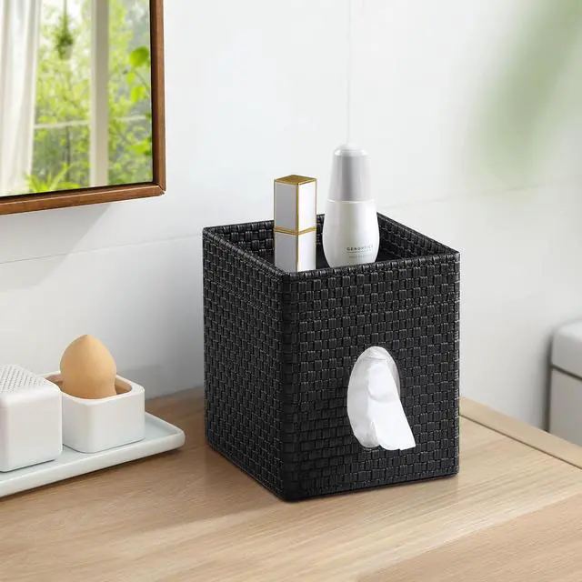 Alt view image 6 of 7 - Square Tissue Box Cover, Stylish Leather Tissue Box Holder with Storage Tray, Decorative Tissue Rack Storage Box for Living Room, Bedroom, and Office Desk(Black Woven Pattern)