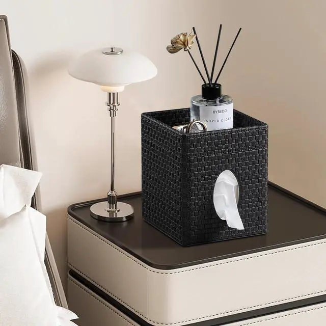 Alt view image 7 of 7 - Square Tissue Box Cover, Stylish Leather Tissue Box Holder with Storage Tray, Decorative Tissue Rack Storage Box for Living Room, Bedroom, and Office Desk(Black Woven Pattern)