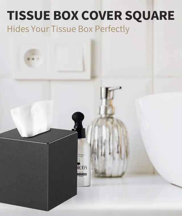 Alt view image 2 of 7 - Metal Tissue Box Cover, Square Tissue Box Holder Modern Decor Facial Napkin Holder Tissue Box Dispenser for Bathroom Vanity Countertop, Living Room, Bedroom, Office | Dark Pebble Grain