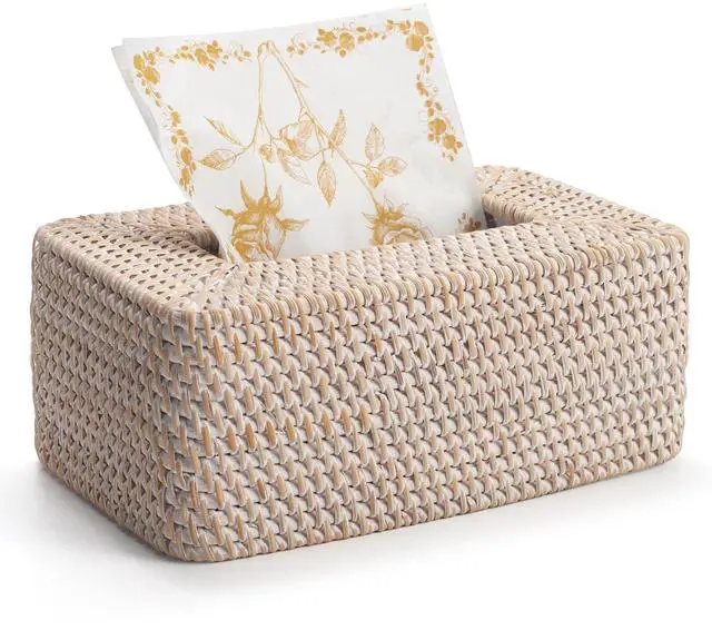 Main image of Rattan Tissue Box Cover, Rectangular Wicker Tissue Box Holder, Decorative Woven Facial Tissue Holder for Bathroom, Kitchen, Living Room, Bedroom (Whitewash)