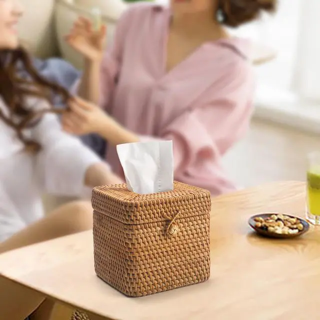 Alt view image 6 of 7 - Rattan Tissue Box Cover Square, Wicker Tissue Box Holder with Lid, Natural Woven Facial Tissue Holder for Bathroom, Kitchen, Living Room (Natural)